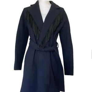 MAJE NAVY BLUE WOOL BLEND FRINGE TRIM WRAP COAT SIZE 2 Medium
